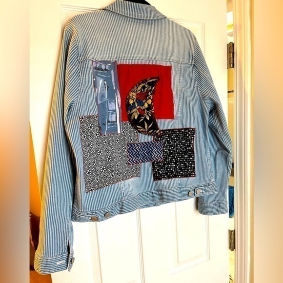 Handmade Jackets & Blazers - Handmade OOAK Upcycled Blue Flower Moon Celestial Wabi Sabi Patch Denim Jacket 5